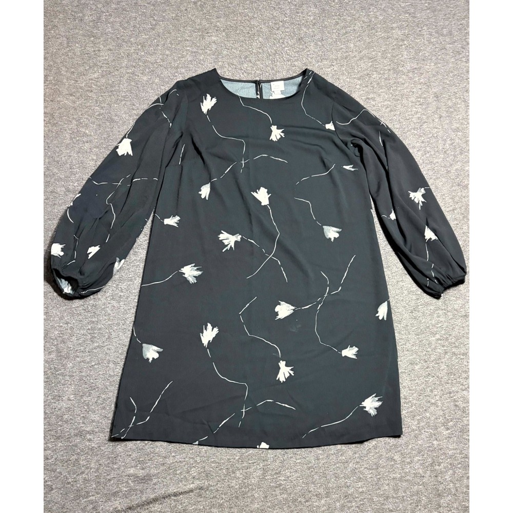 A New Day Shift Dress Womens Large Black Floral Gathered Cuff Sleeve Relaxed Fit